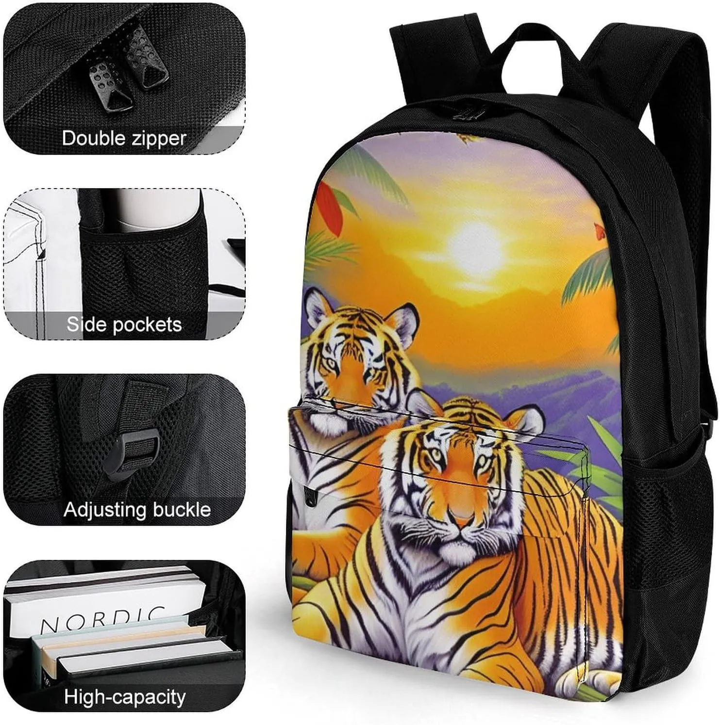 Men Women Polyester King Of The Tiger Tropical Rainforest Landscape Jungle Art Casual Daypack Large Capacity Carry On Bag With Adjustable Shoulder Straps for Camping Work Running