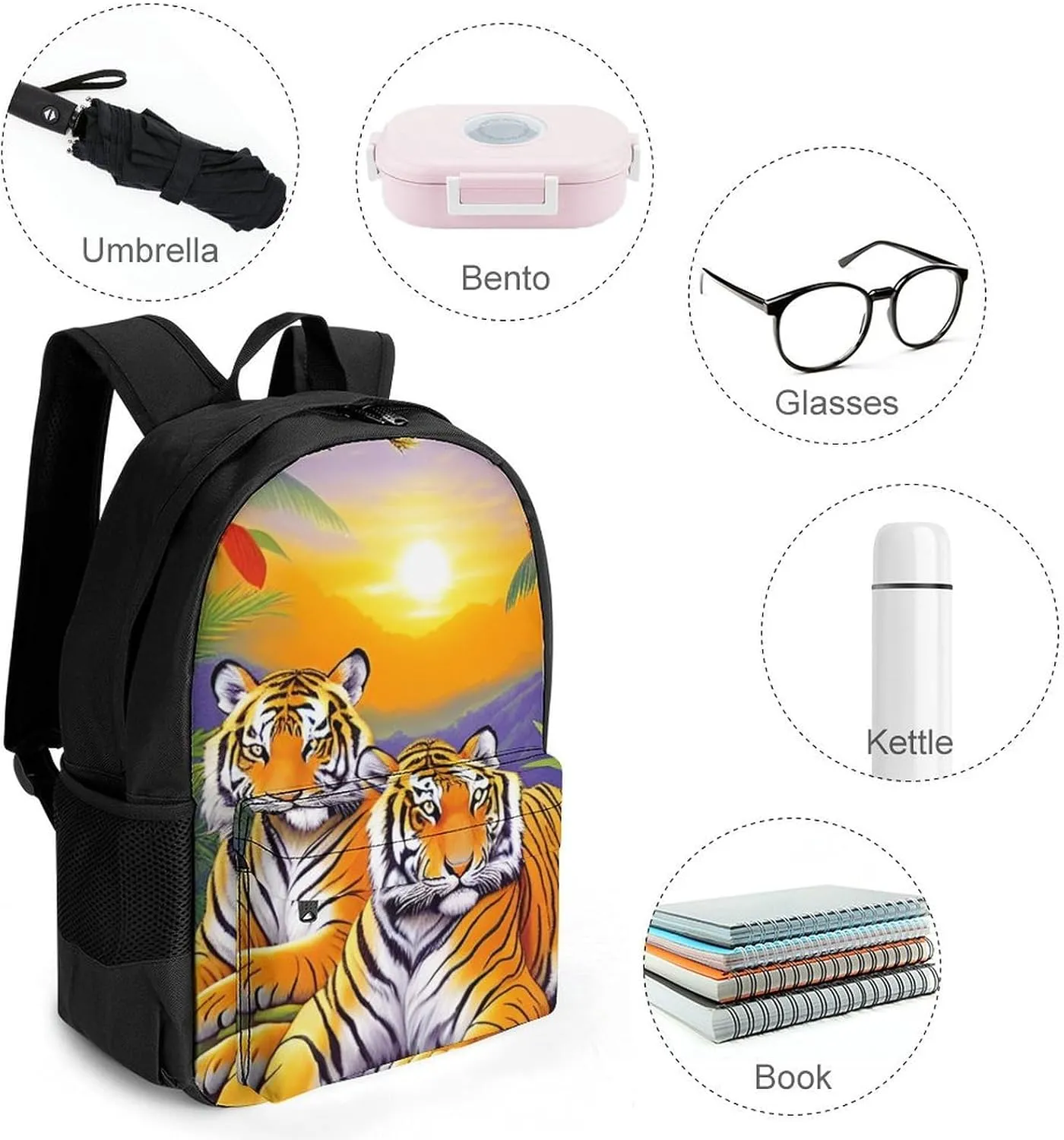 Men Women Polyester King Of The Tiger Tropical Rainforest Landscape Jungle Art Casual Daypack Large Capacity Carry On Bag With Adjustable Shoulder Straps for Camping Work Running