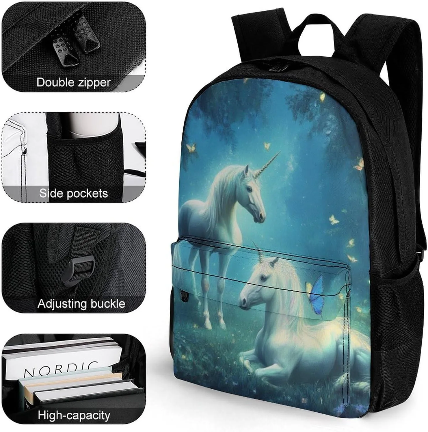 Men Women Polyester Love Unicorns Horses Art Casual Daypack Large Capacity Carry On Bag With Adjustable Shoulder Straps for Camping Work Running