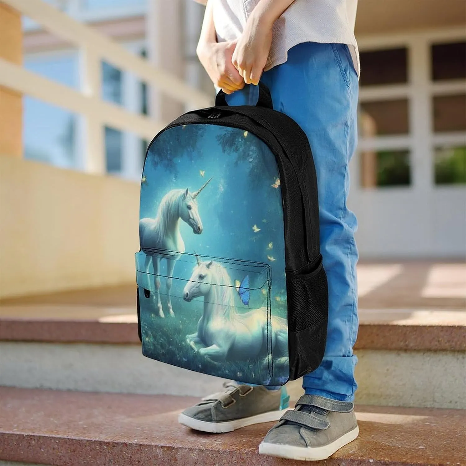 Men Women Polyester Love Unicorns Horses Art Casual Daypack Large Capacity Carry On Bag With Adjustable Shoulder Straps for Camping Work Running