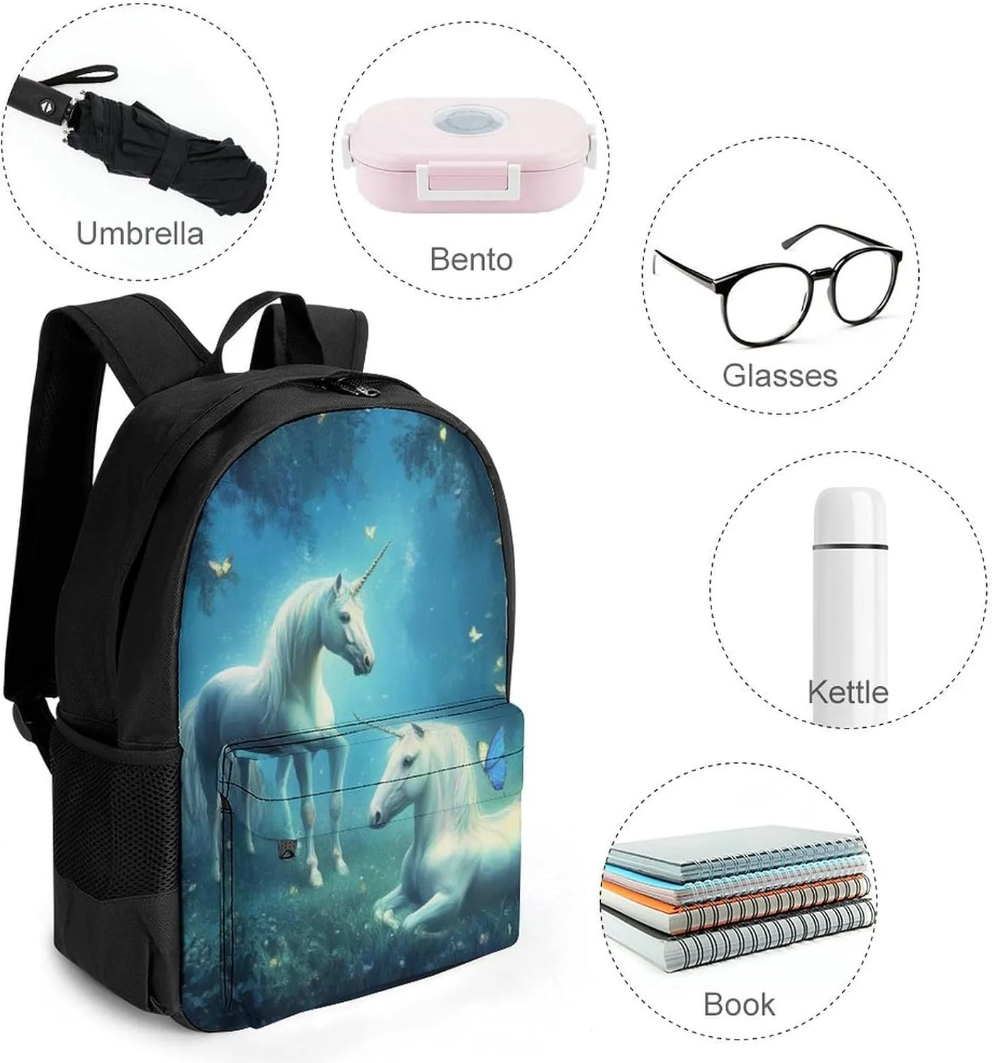 Men Women Polyester Love Unicorns Horses Art Casual Daypack Large Capacity Carry On Bag With Adjustable Shoulder Straps for Camping Work Running