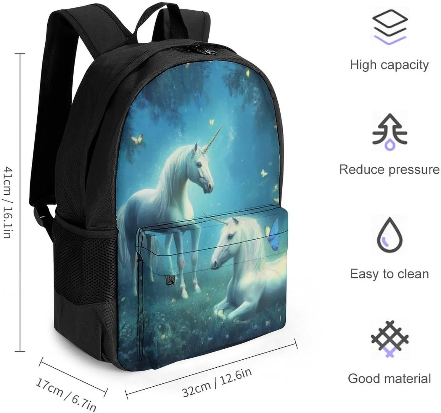 Men Women Polyester Love Unicorns Horses Art Casual Daypack Large Capacity Carry On Bag With Adjustable Shoulder Straps for Camping Work Running