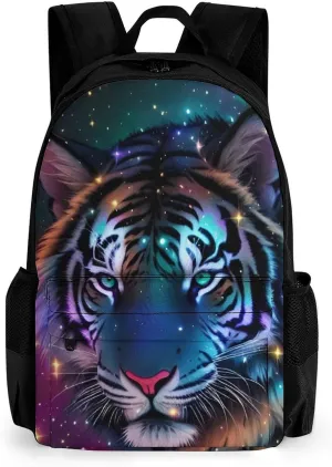 Men Women Polyester Mystic Fantasy Galaxy Sky Fantasy Wild Animals Tiger Art Daypack Big Capacity Shoulder Bag With Smooth Zippers for Hiking Work Walking Cycling
