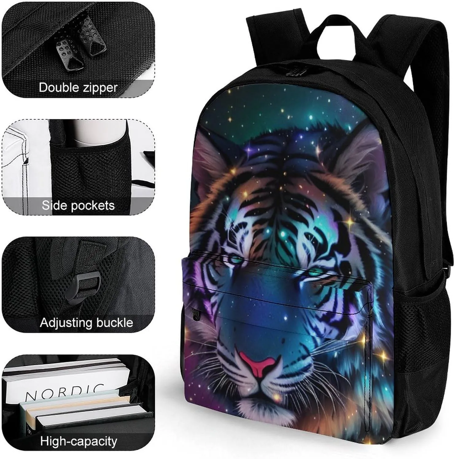 Men Women Polyester Mystic Fantasy Galaxy Sky Fantasy Wild Animals Tiger Art Daypack Big Capacity Shoulder Bag With Smooth Zippers for Hiking Work Walking Cycling