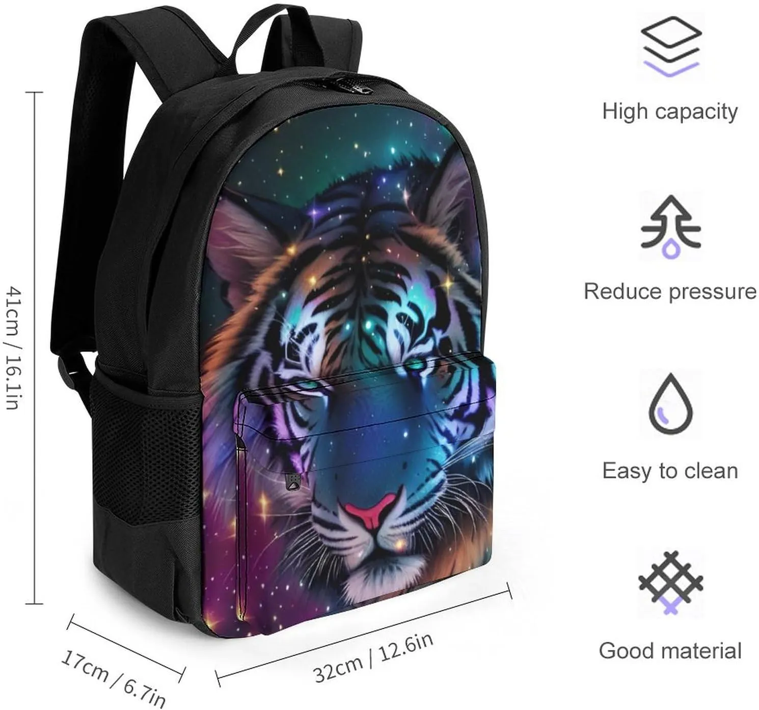 Men Women Polyester Mystic Fantasy Galaxy Sky Fantasy Wild Animals Tiger Art Daypack Big Capacity Shoulder Bag With Smooth Zippers for Hiking Work Walking Cycling