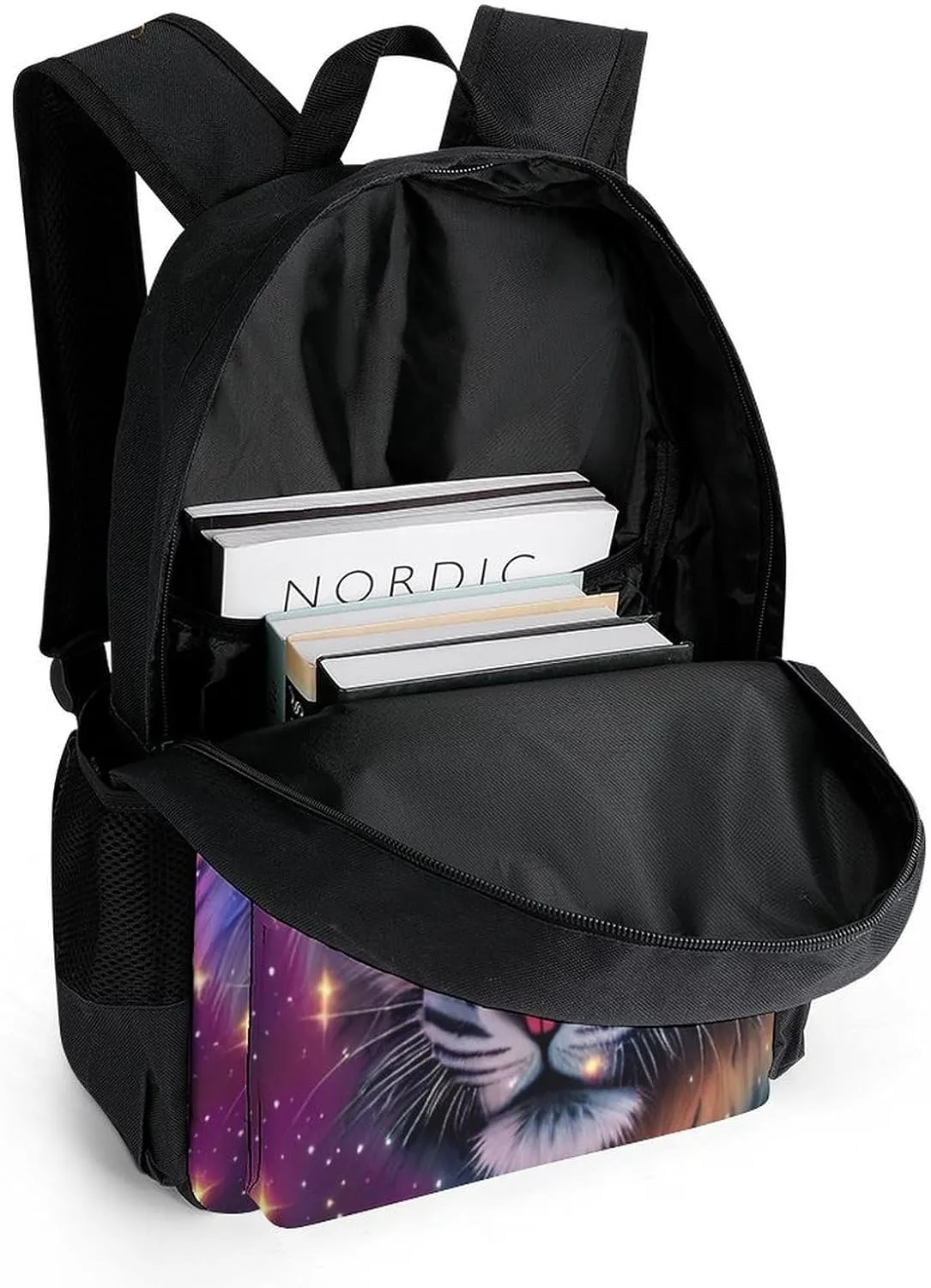 Men Women Polyester Mystic Fantasy Galaxy Sky Fantasy Wild Animals Tiger Art Daypack Big Capacity Shoulder Bag With Smooth Zippers for Hiking Work Walking Cycling