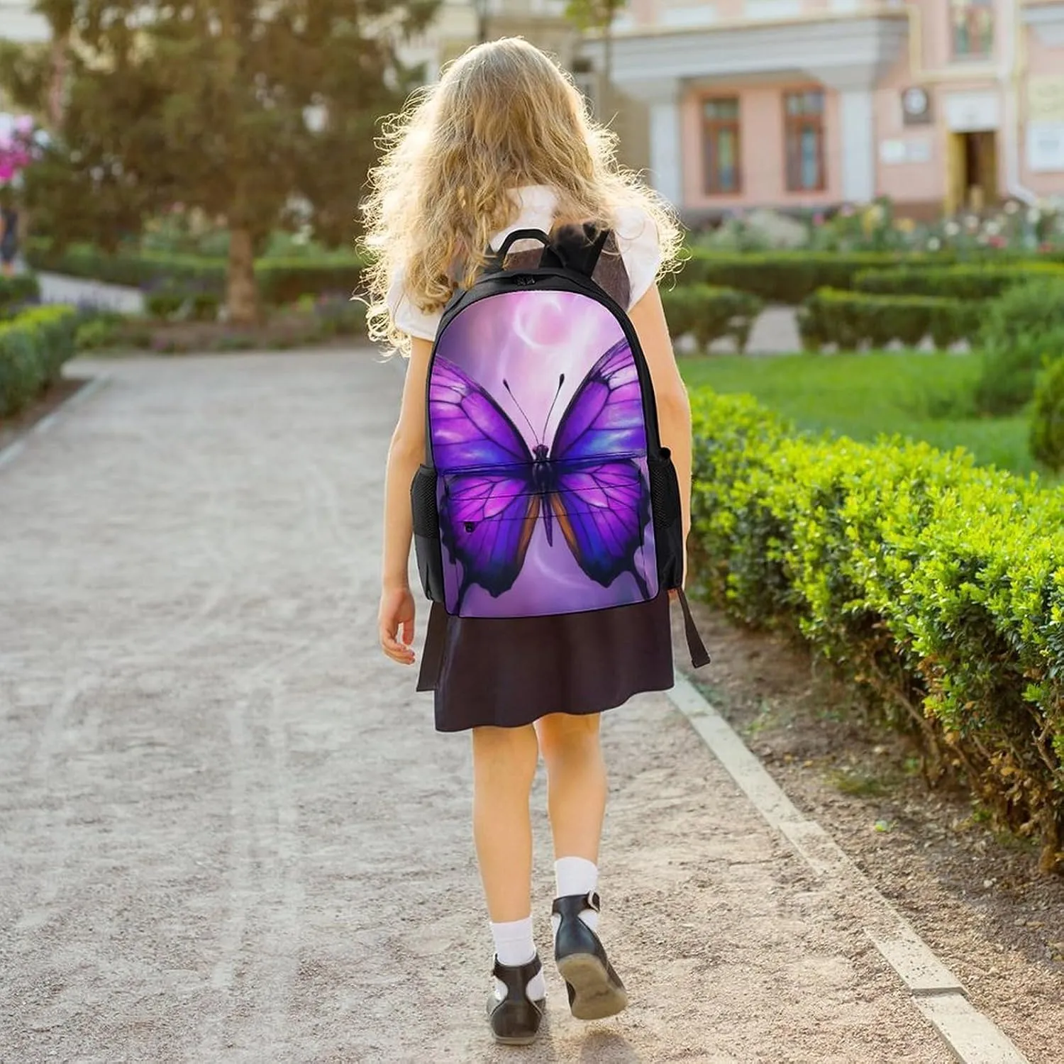 Men Women Polyester Purple Butterfly Art Daypack Big Capacity Shoulder Bag With Smooth Zippers for Hiking Work Walking Cycling