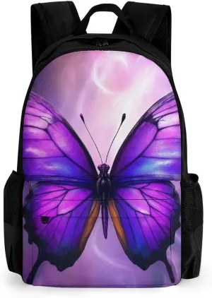 Men Women Polyester Purple Butterfly Art Daypack Big Capacity Shoulder Bag With Smooth Zippers for Hiking Work Walking Cycling