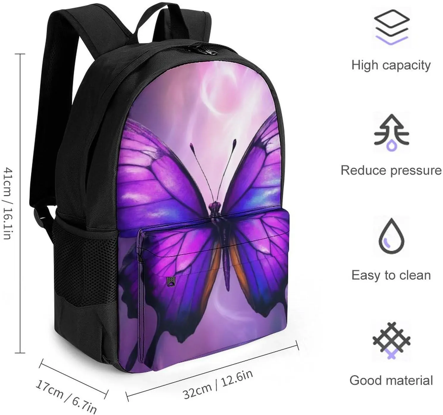 Men Women Polyester Purple Butterfly Art Daypack Big Capacity Shoulder Bag With Smooth Zippers for Hiking Work Walking Cycling