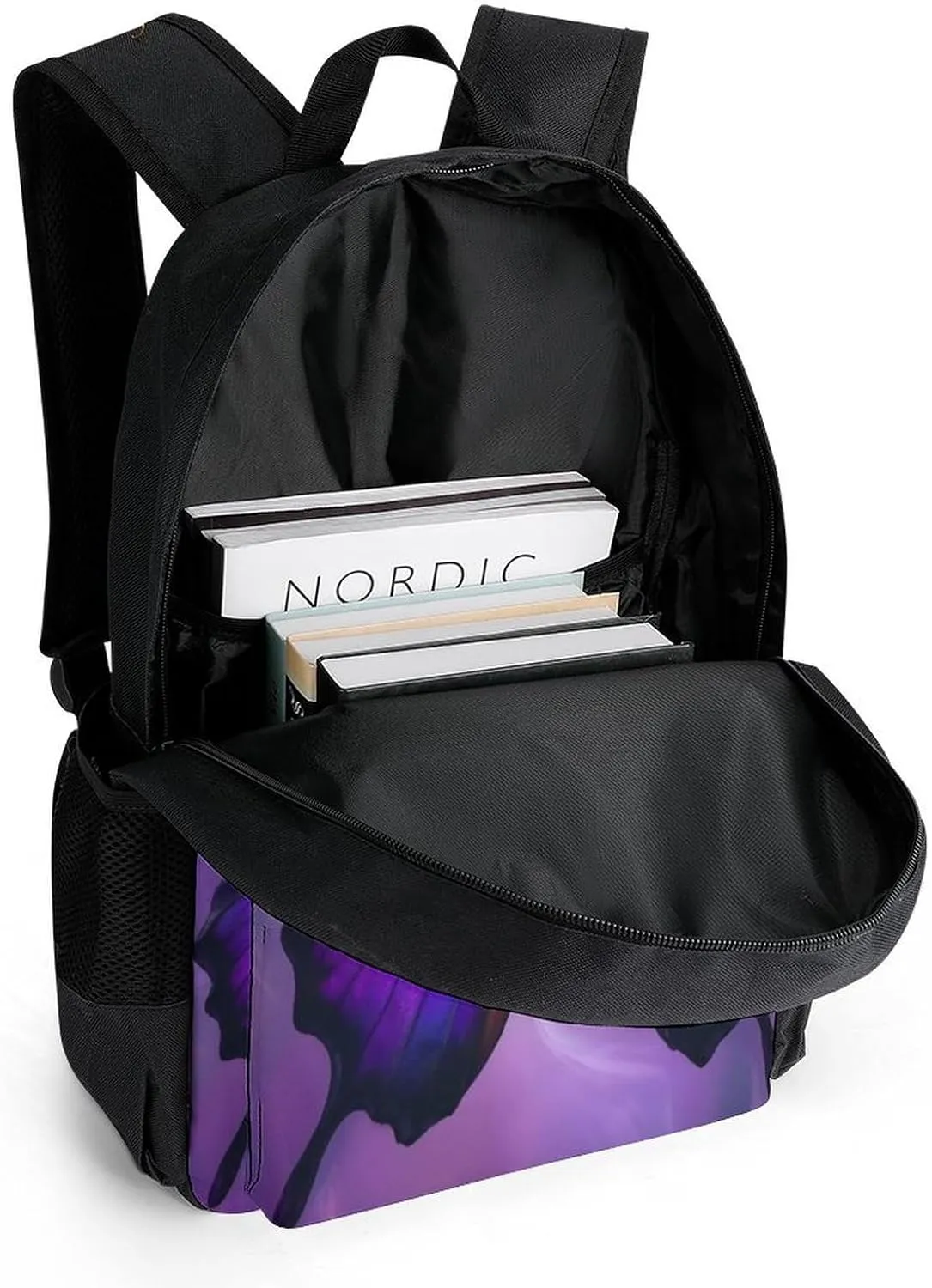Men Women Polyester Purple Butterfly Art Daypack Big Capacity Shoulder Bag With Smooth Zippers for Hiking Work Walking Cycling
