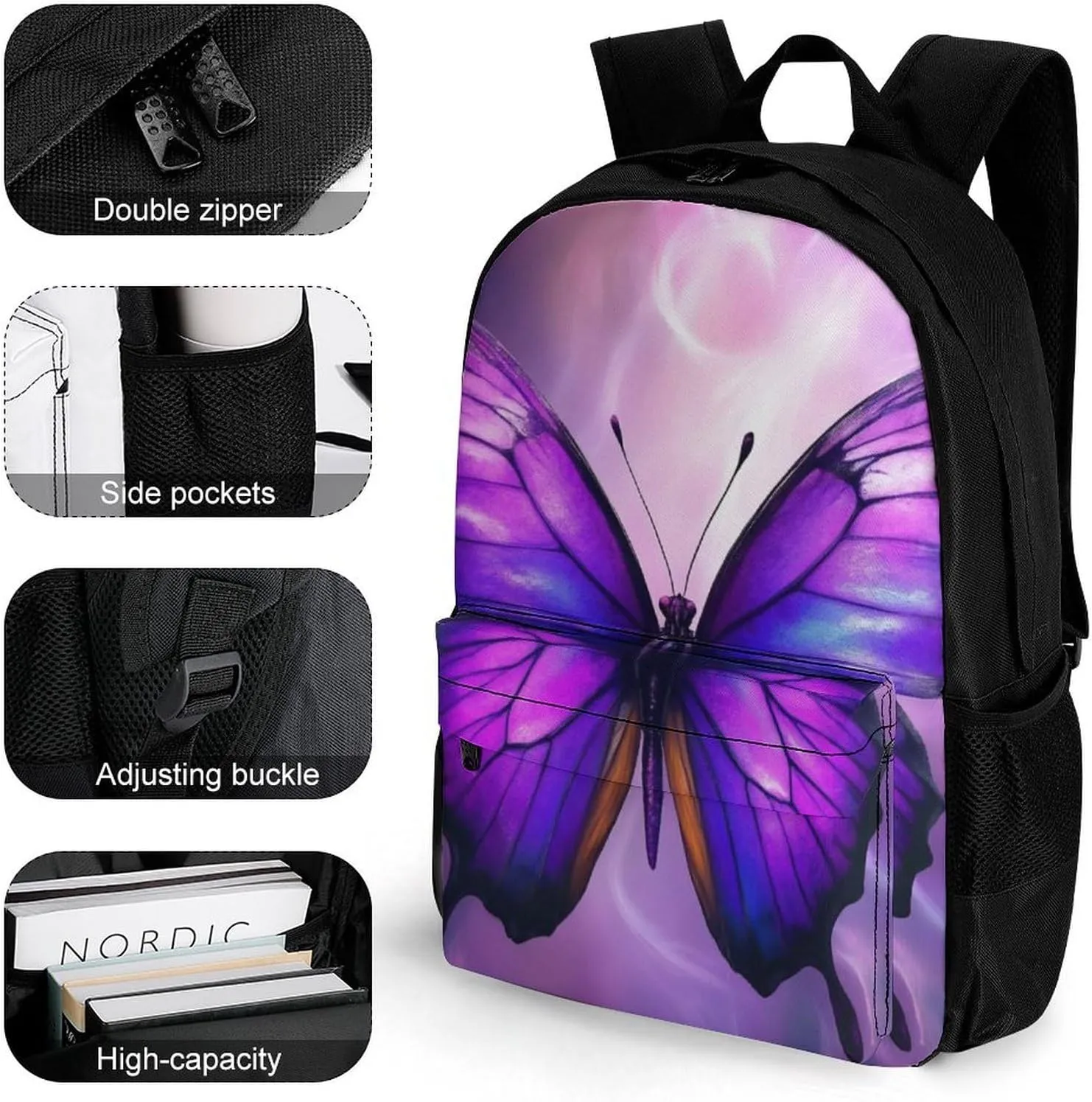 Men Women Polyester Purple Butterfly Art Daypack Big Capacity Shoulder Bag With Smooth Zippers for Hiking Work Walking Cycling