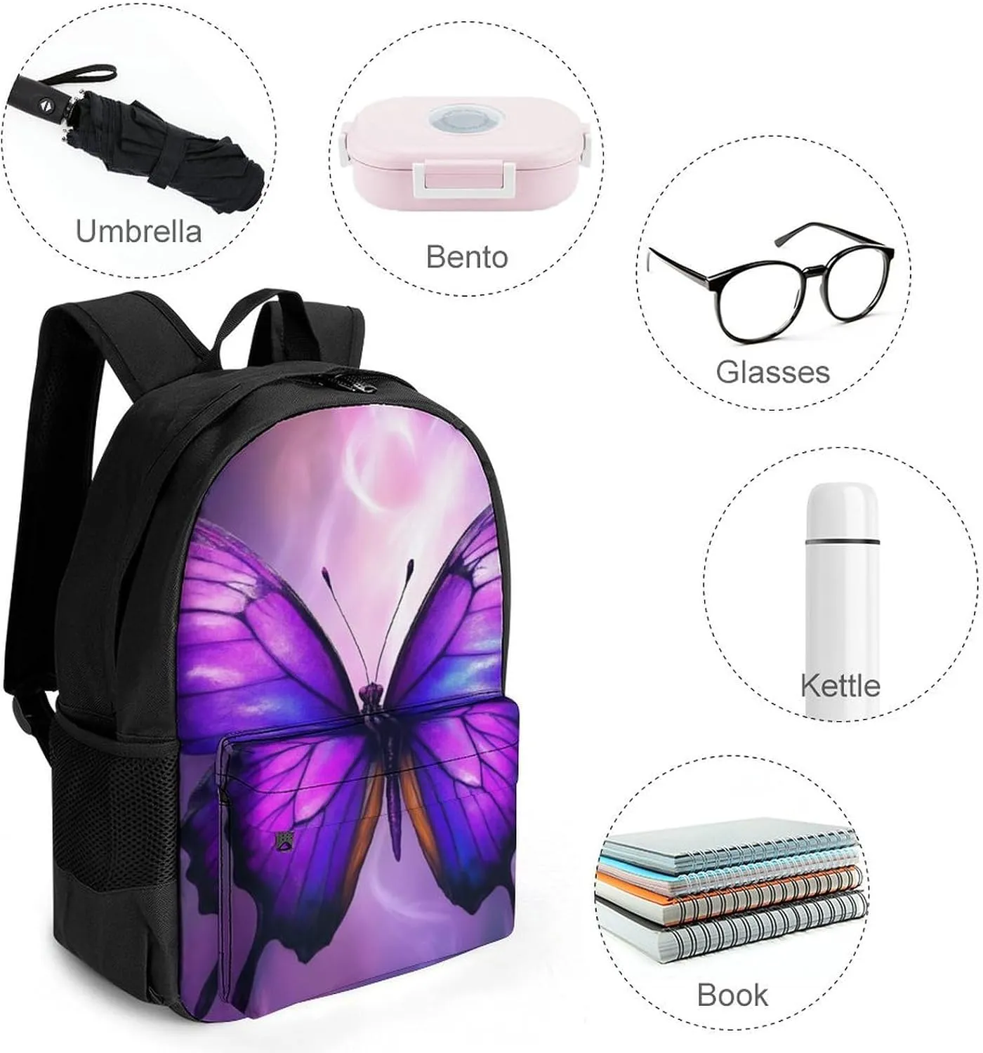 Men Women Polyester Purple Butterfly Art Daypack Big Capacity Shoulder Bag With Smooth Zippers for Hiking Work Walking Cycling