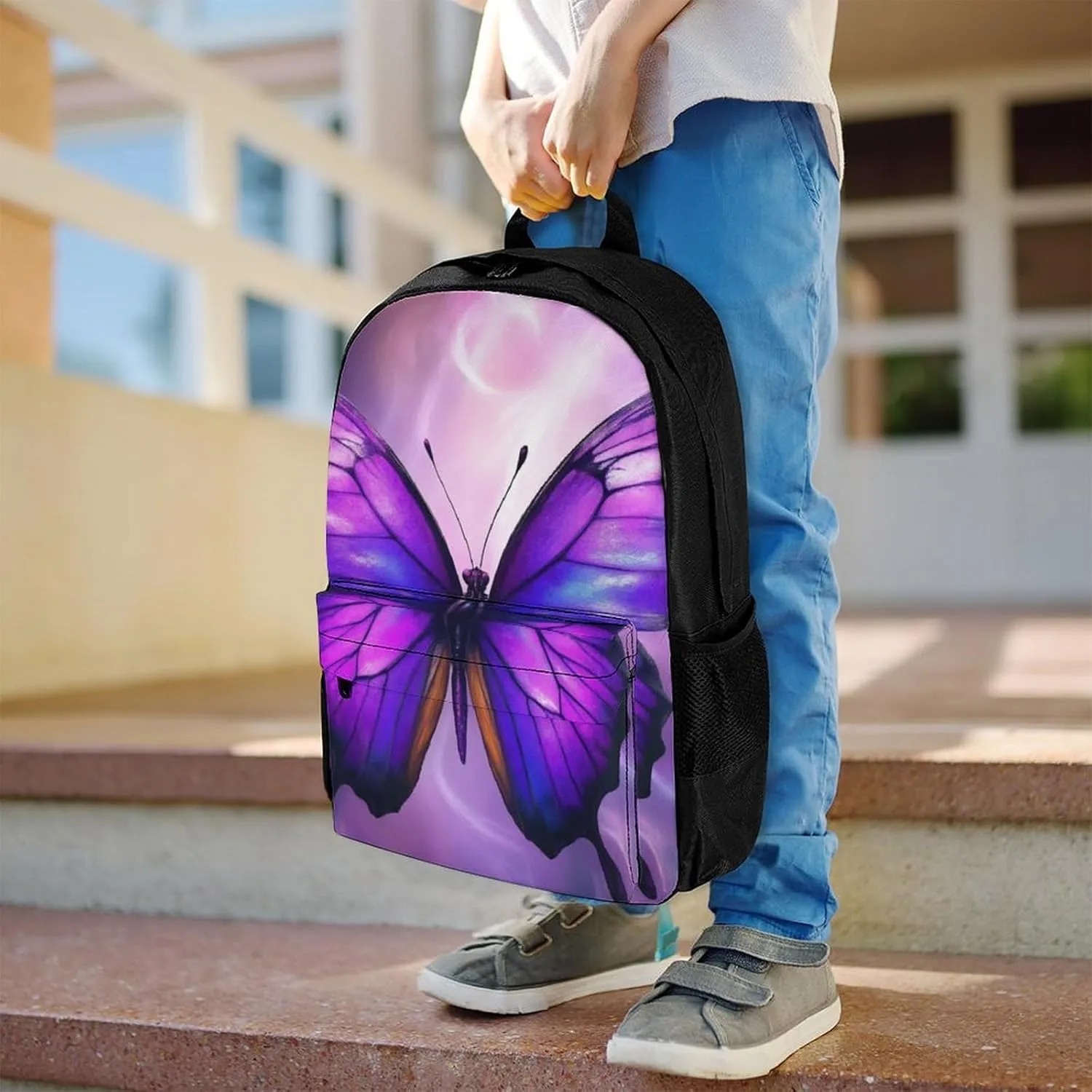 Men Women Polyester Purple Butterfly Art Daypack Big Capacity Shoulder Bag With Smooth Zippers for Hiking Work Walking Cycling