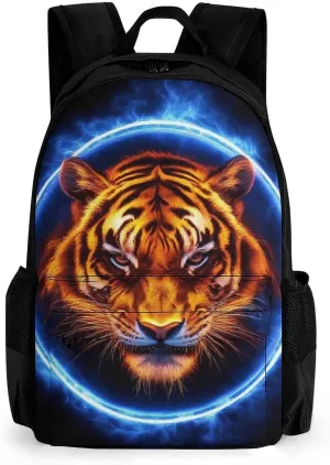 Men Women Polyester Space Tiger Blue Fire Art Daypack Backpack Large Capacity Carry On Bag With Smooth Zippers for Hiking Picnic Walking Cycling