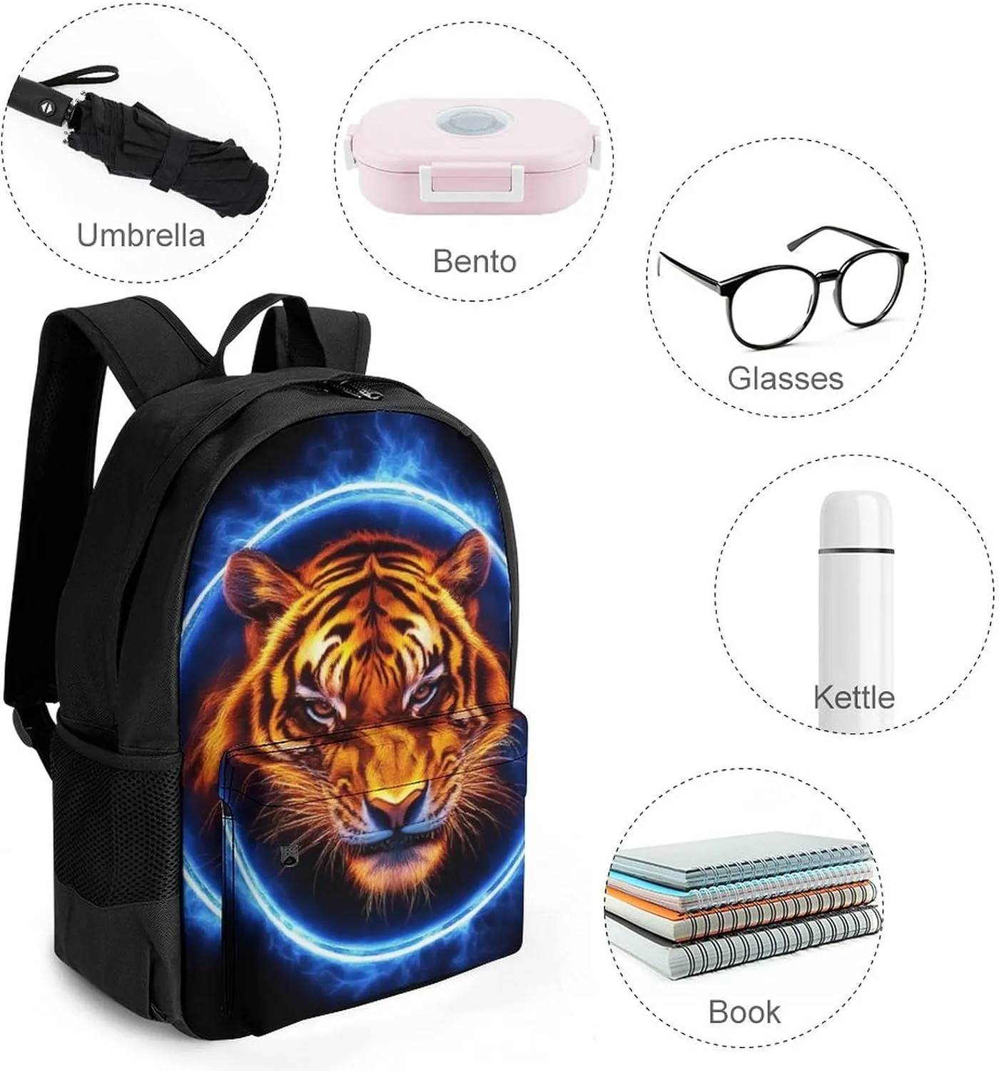 Men Women Polyester Space Tiger Blue Fire Art Daypack Backpack Large Capacity Carry On Bag With Smooth Zippers for Hiking Picnic Walking Cycling