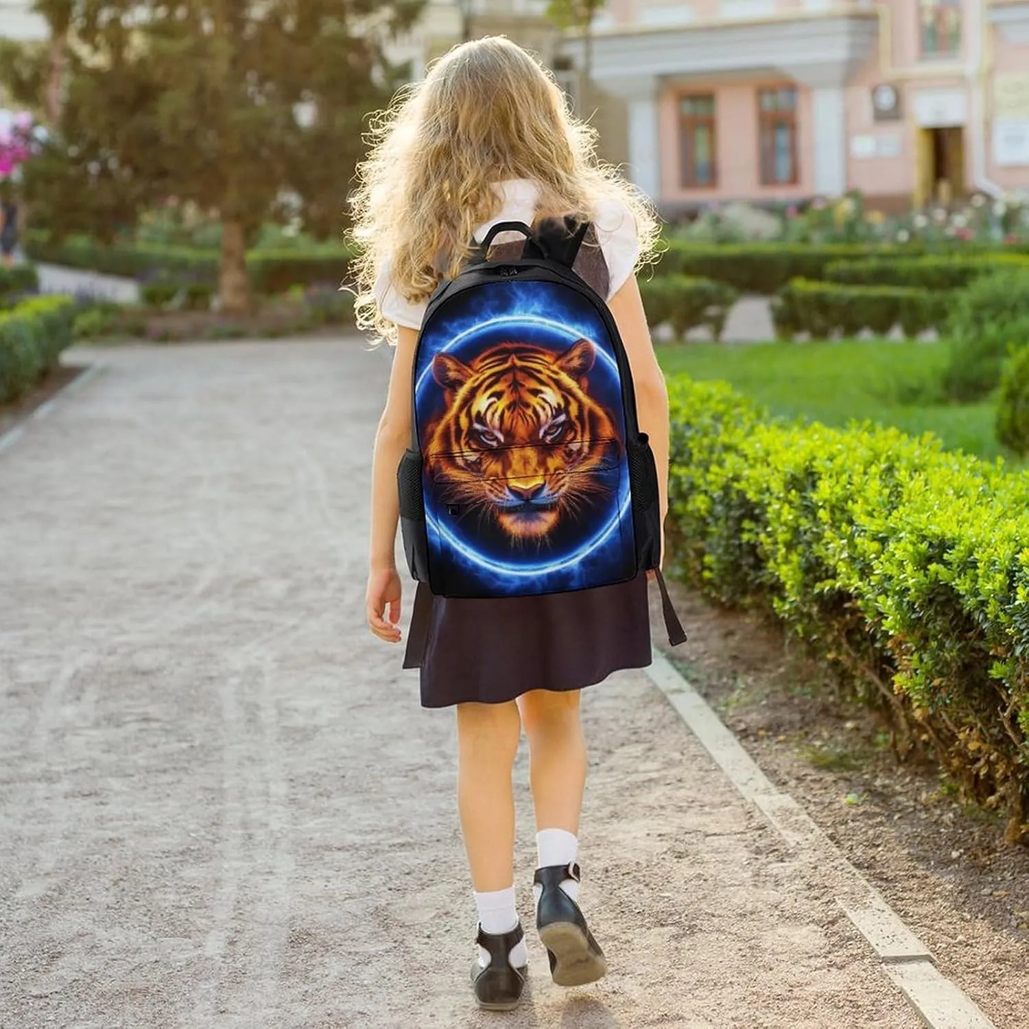 Men Women Polyester Space Tiger Blue Fire Art Daypack Backpack Large Capacity Carry On Bag With Smooth Zippers for Hiking Picnic Walking Cycling
