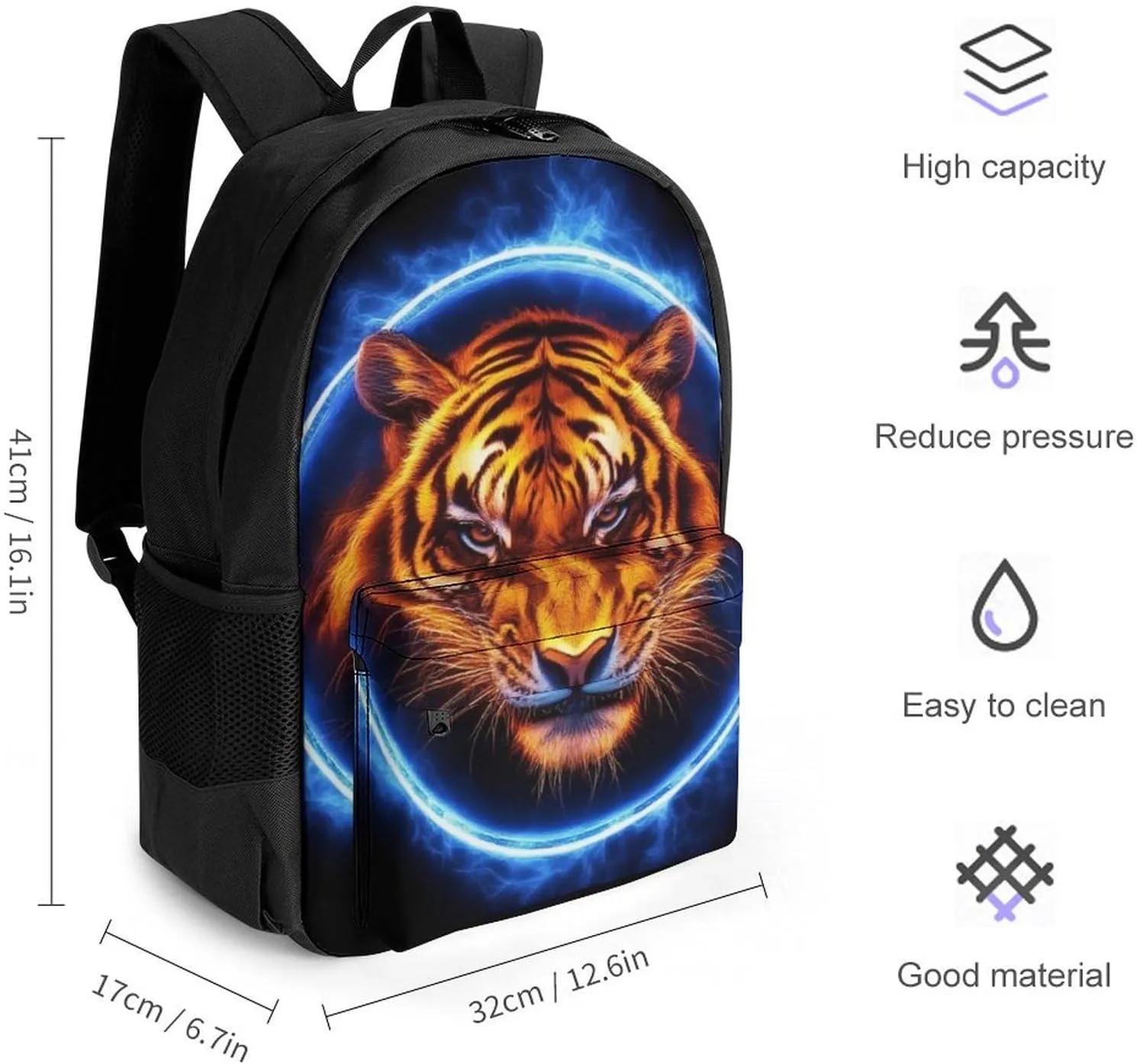 Men Women Polyester Space Tiger Blue Fire Art Daypack Backpack Large Capacity Carry On Bag With Smooth Zippers for Hiking Picnic Walking Cycling