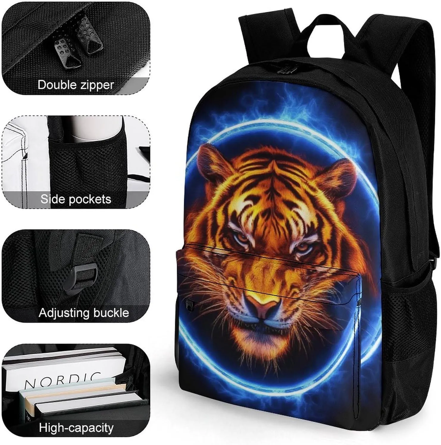 Men Women Polyester Space Tiger Blue Fire Art Daypack Backpack Large Capacity Carry On Bag With Smooth Zippers for Hiking Picnic Walking Cycling