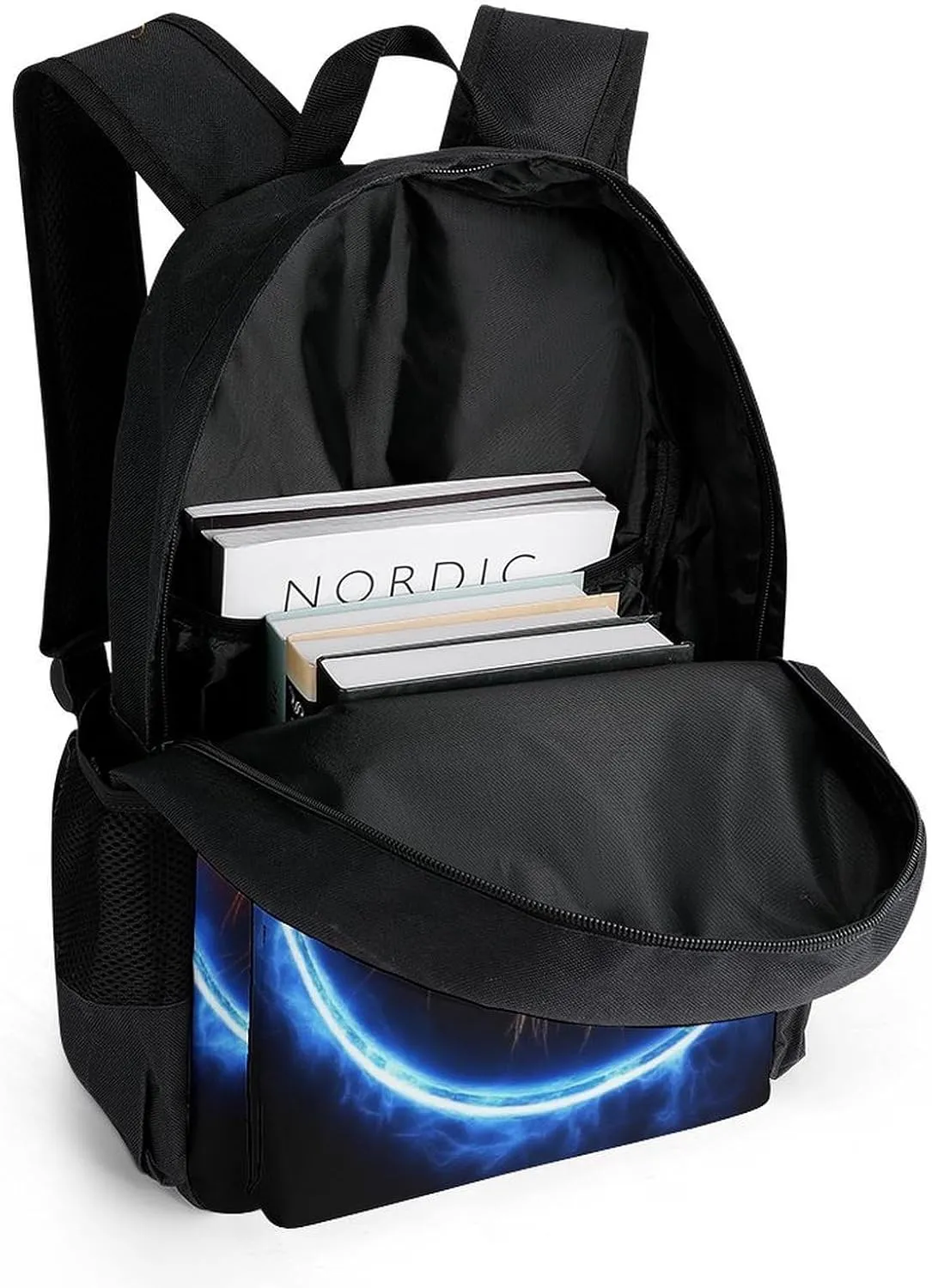 Men Women Polyester Space Tiger Blue Fire Art Daypack Backpack Large Capacity Carry On Bag With Smooth Zippers for Hiking Picnic Walking Cycling