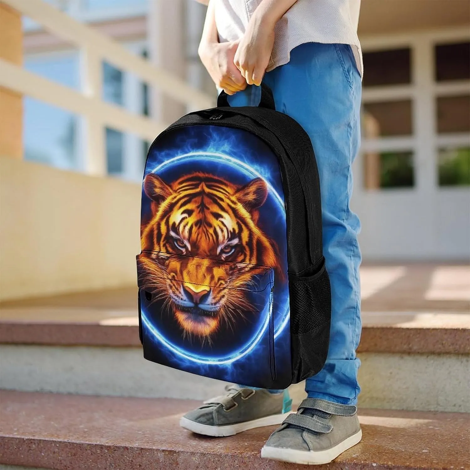 Men Women Polyester Space Tiger Blue Fire Art Daypack Backpack Large Capacity Carry On Bag With Smooth Zippers for Hiking Picnic Walking Cycling