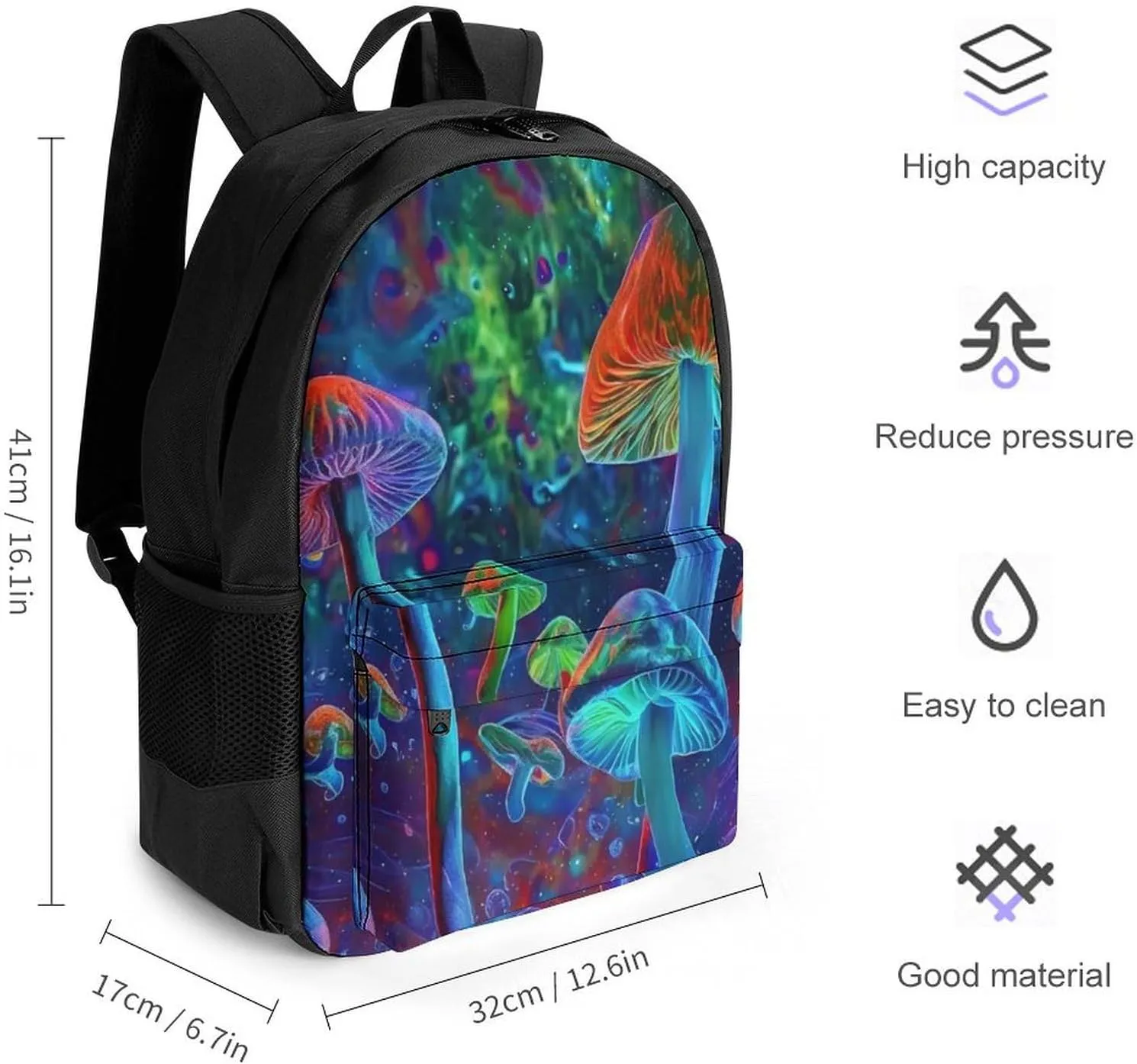 Men Women Polyester Vibrant Glowing Mushrooms Psychedelic Art Daypack Big Capacity Shoulder Bag With Adjustable Shoulder Straps for Camping Travel Walking Cycling