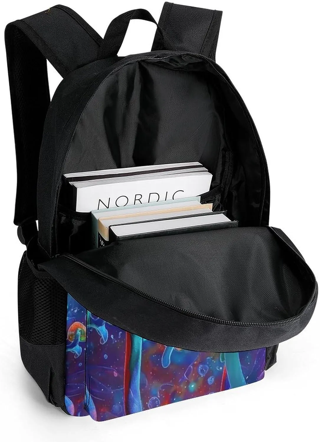 Men Women Polyester Vibrant Glowing Mushrooms Psychedelic Art Daypack Big Capacity Shoulder Bag With Adjustable Shoulder Straps for Camping Travel Walking Cycling