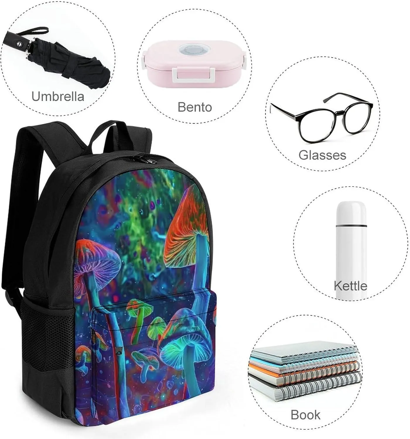Men Women Polyester Vibrant Glowing Mushrooms Psychedelic Art Daypack Big Capacity Shoulder Bag With Adjustable Shoulder Straps for Camping Travel Walking Cycling