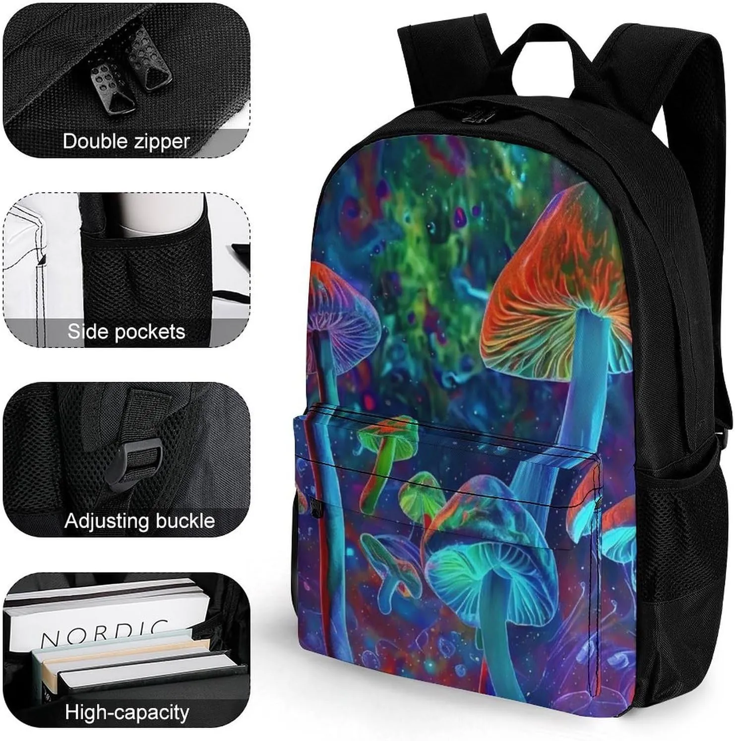Men Women Polyester Vibrant Glowing Mushrooms Psychedelic Art Daypack Big Capacity Shoulder Bag With Adjustable Shoulder Straps for Camping Travel Walking Cycling
