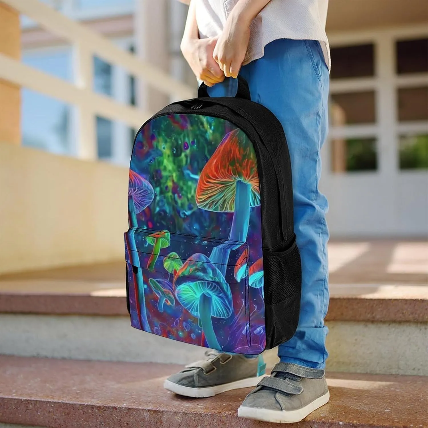 Men Women Polyester Vibrant Glowing Mushrooms Psychedelic Art Daypack Big Capacity Shoulder Bag With Adjustable Shoulder Straps for Camping Travel Walking Cycling
