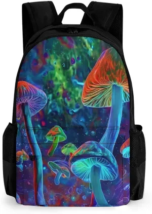 Men Women Polyester Vibrant Glowing Mushrooms Psychedelic Art Daypack Big Capacity Shoulder Bag With Adjustable Shoulder Straps for Camping Travel Walking Cycling