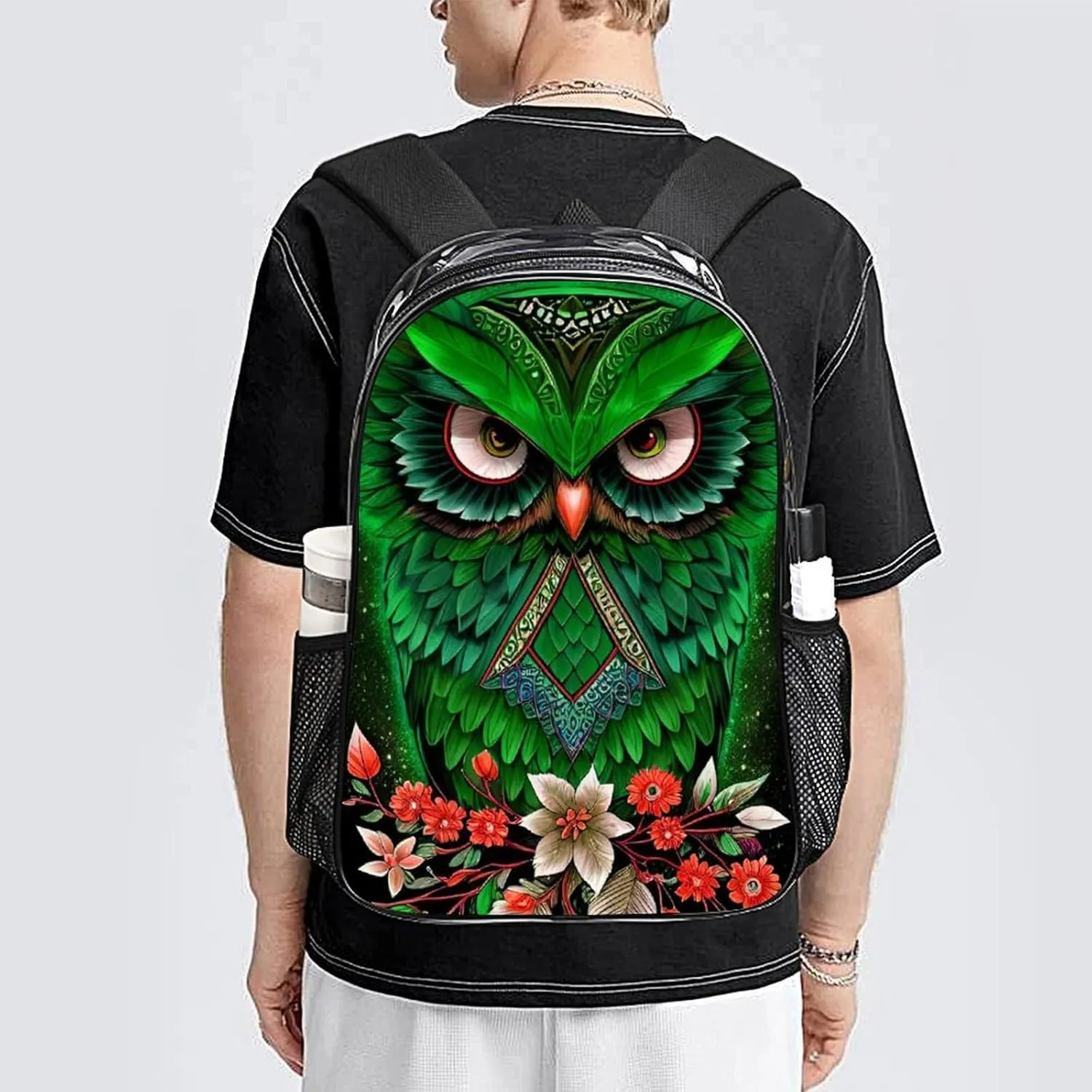 Men Women Transparent Green Owl Floral Art Daypack Backpack Large Capacity Carry On Bag With Smooth Zippers for Hiking Picnic Walking Cycling