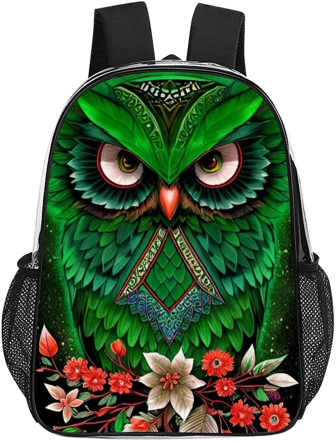 Men Women Transparent Green Owl Floral Art Daypack Backpack Large Capacity Carry On Bag With Smooth Zippers for Hiking Picnic Walking Cycling