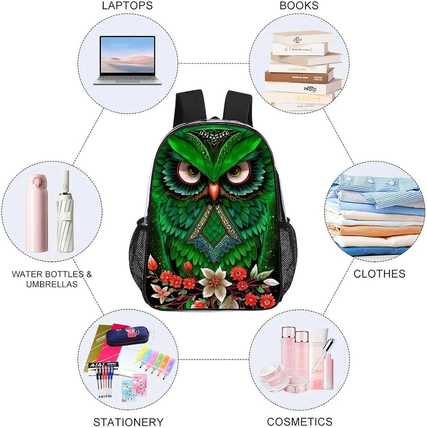Men Women Transparent Green Owl Floral Art Daypack Backpack Large Capacity Carry On Bag With Smooth Zippers for Hiking Picnic Walking Cycling