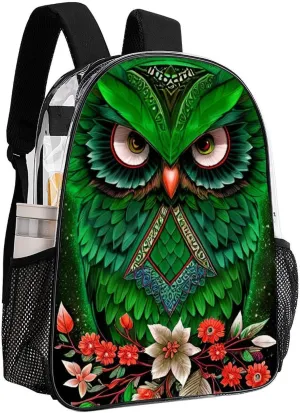 Men Women Transparent Green Owl Floral Art Daypack Backpack Large Capacity Carry On Bag With Smooth Zippers for Hiking Picnic Walking Cycling