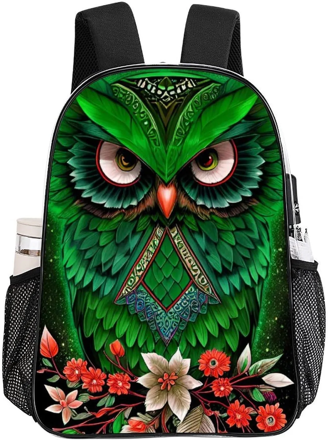 Men Women Transparent Green Owl Floral Art Daypack Backpack Large Capacity Carry On Bag With Smooth Zippers for Hiking Picnic Walking Cycling