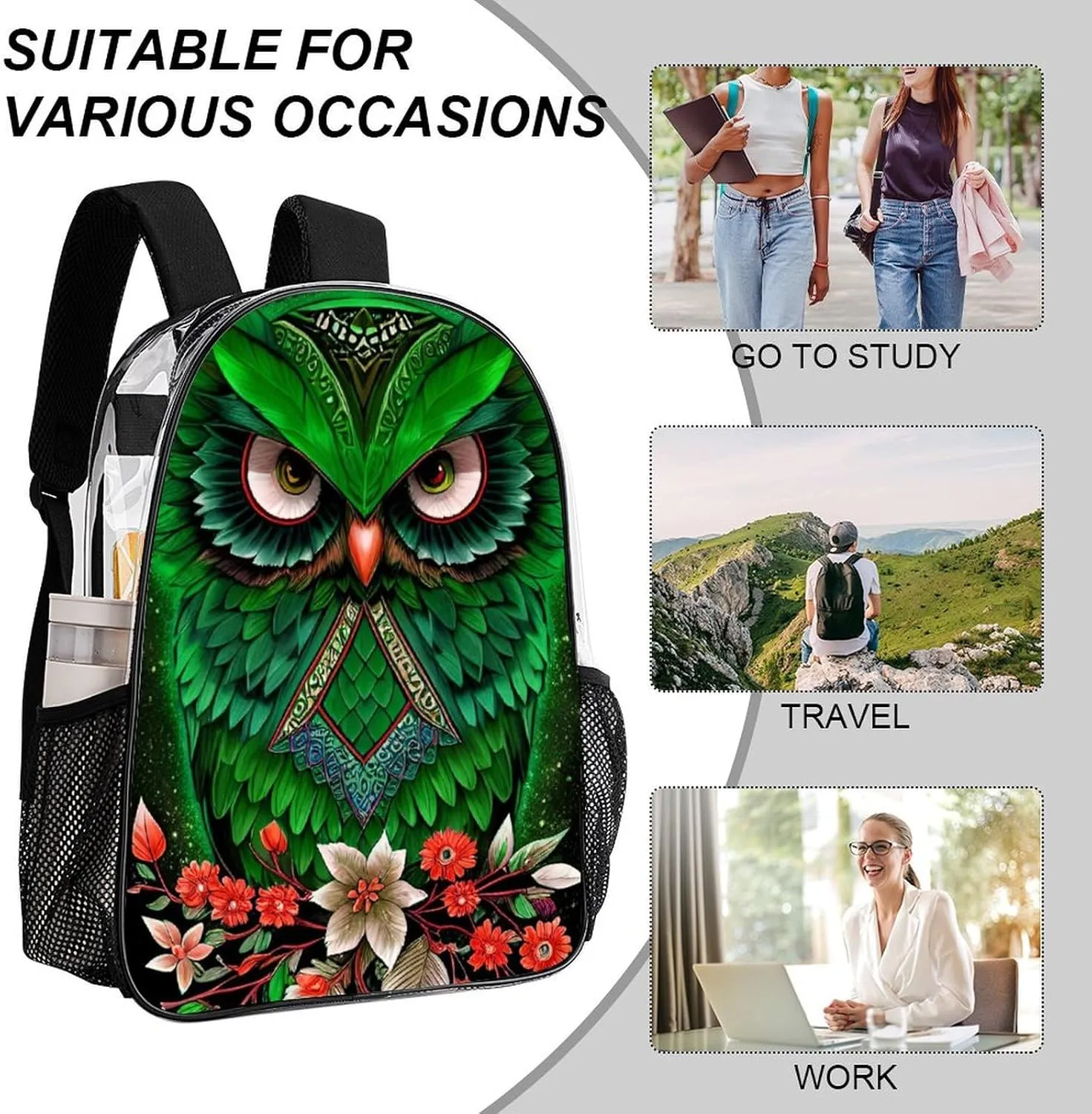 Men Women Transparent Green Owl Floral Art Daypack Backpack Large Capacity Carry On Bag With Smooth Zippers for Hiking Picnic Walking Cycling