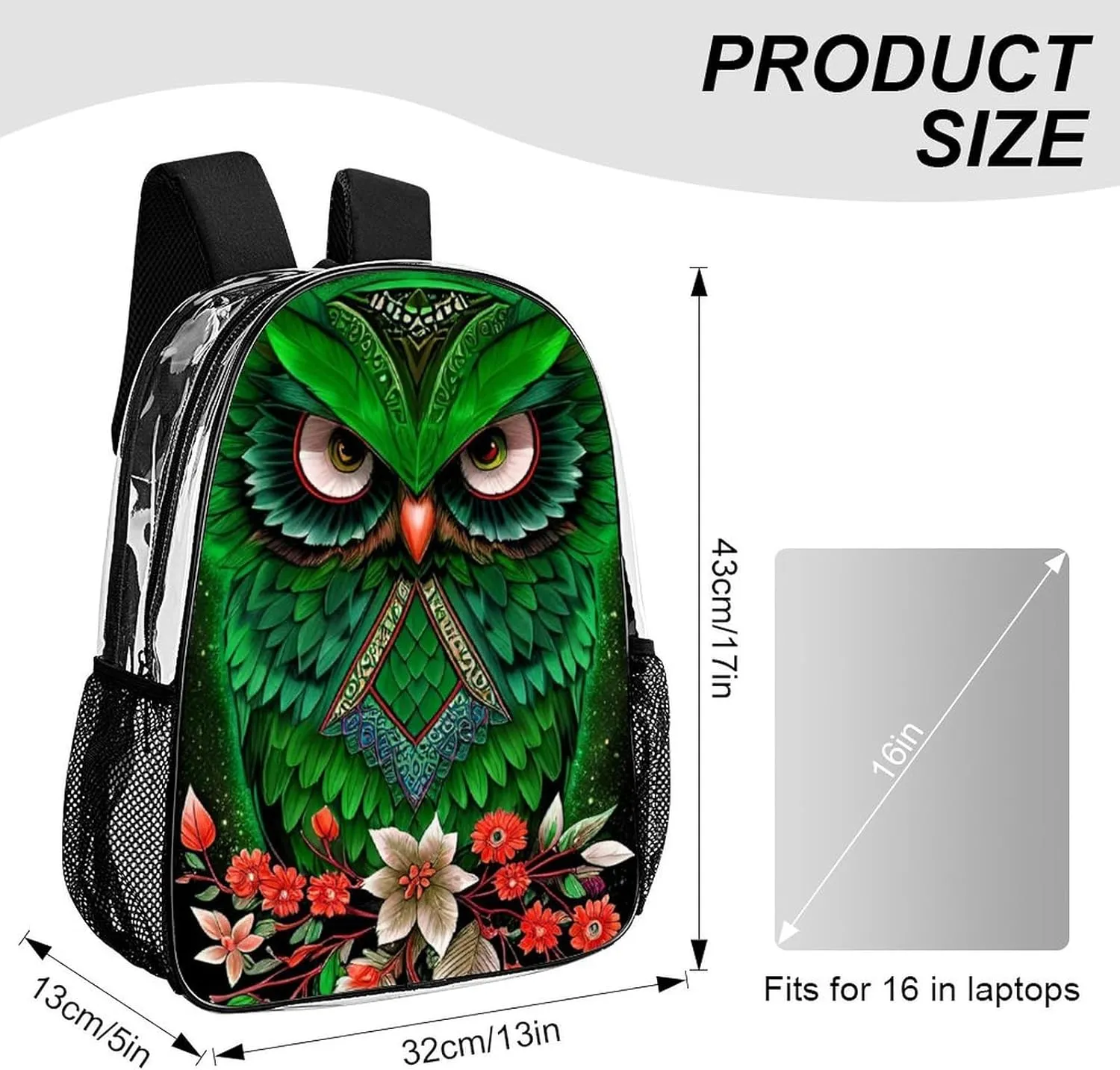 Men Women Transparent Green Owl Floral Art Daypack Backpack Large Capacity Carry On Bag With Smooth Zippers for Hiking Picnic Walking Cycling