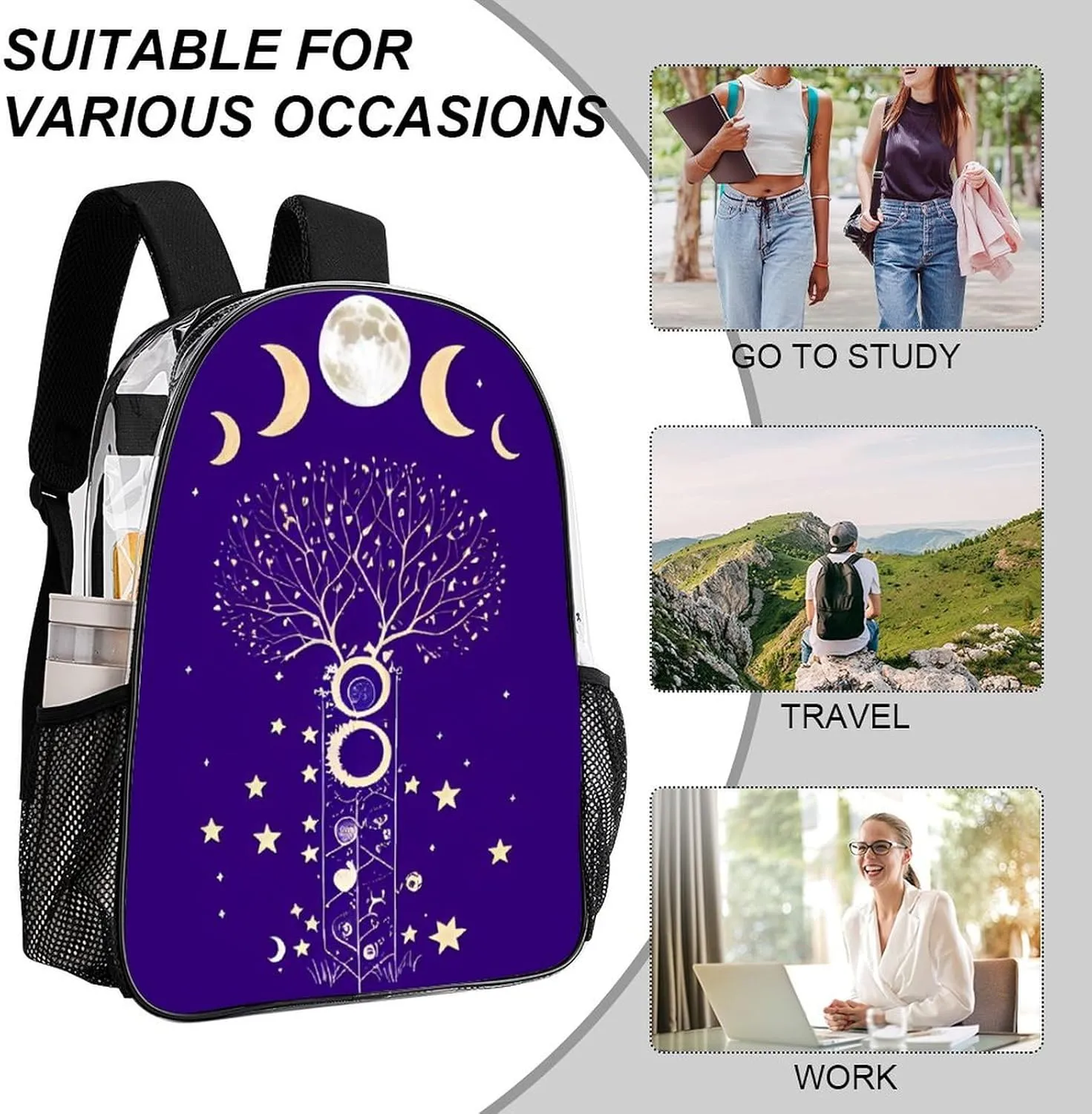 Men Women Transparent Moon Phase Space Tree Art Daypack Big Capacity Shoulder Bag With Smooth Zippers for Hiking Work Walking Cycling