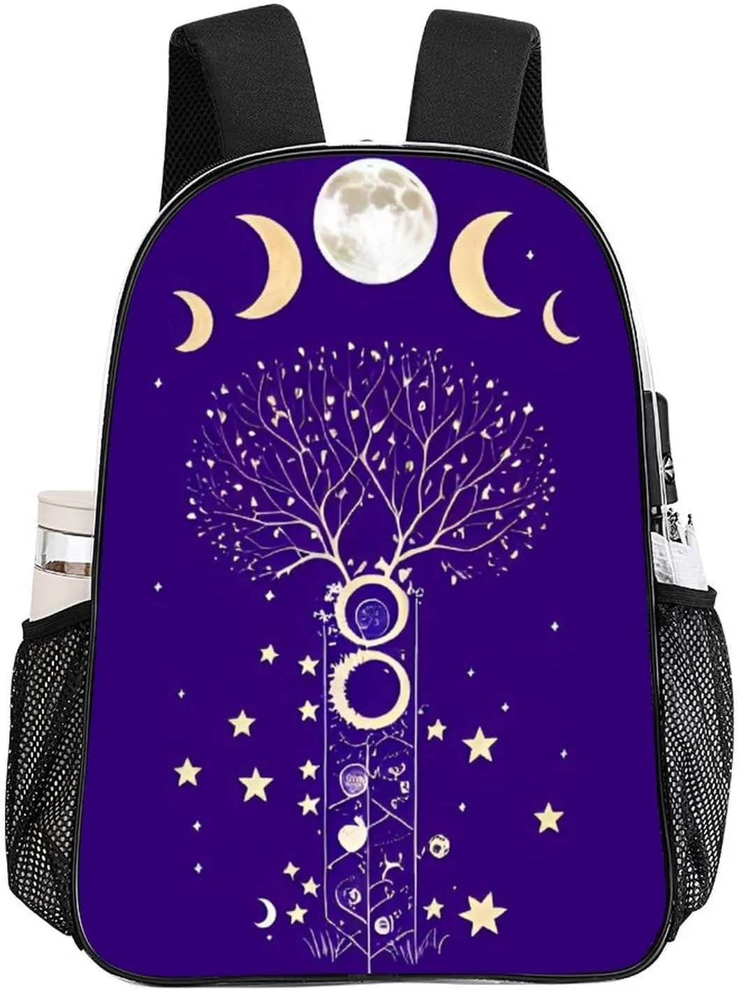 Men Women Transparent Moon Phase Space Tree Art Daypack Big Capacity Shoulder Bag With Smooth Zippers for Hiking Work Walking Cycling