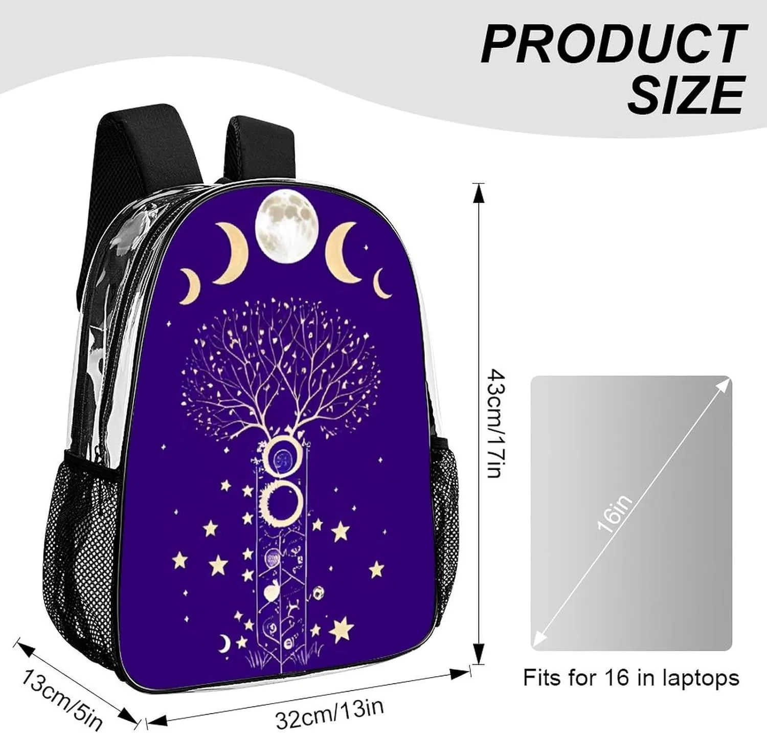 Men Women Transparent Moon Phase Space Tree Art Daypack Big Capacity Shoulder Bag With Smooth Zippers for Hiking Work Walking Cycling