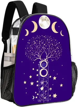 Men Women Transparent Moon Phase Space Tree Art Daypack Big Capacity Shoulder Bag With Smooth Zippers for Hiking Work Walking Cycling