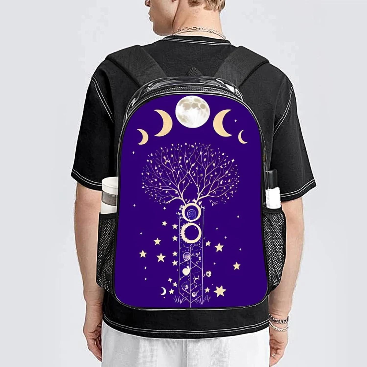 Men Women Transparent Moon Phase Space Tree Art Daypack Big Capacity Shoulder Bag With Smooth Zippers for Hiking Work Walking Cycling