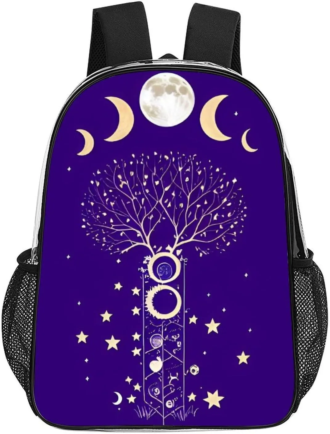 Men Women Transparent Moon Phase Space Tree Art Daypack Big Capacity Shoulder Bag With Smooth Zippers for Hiking Work Walking Cycling