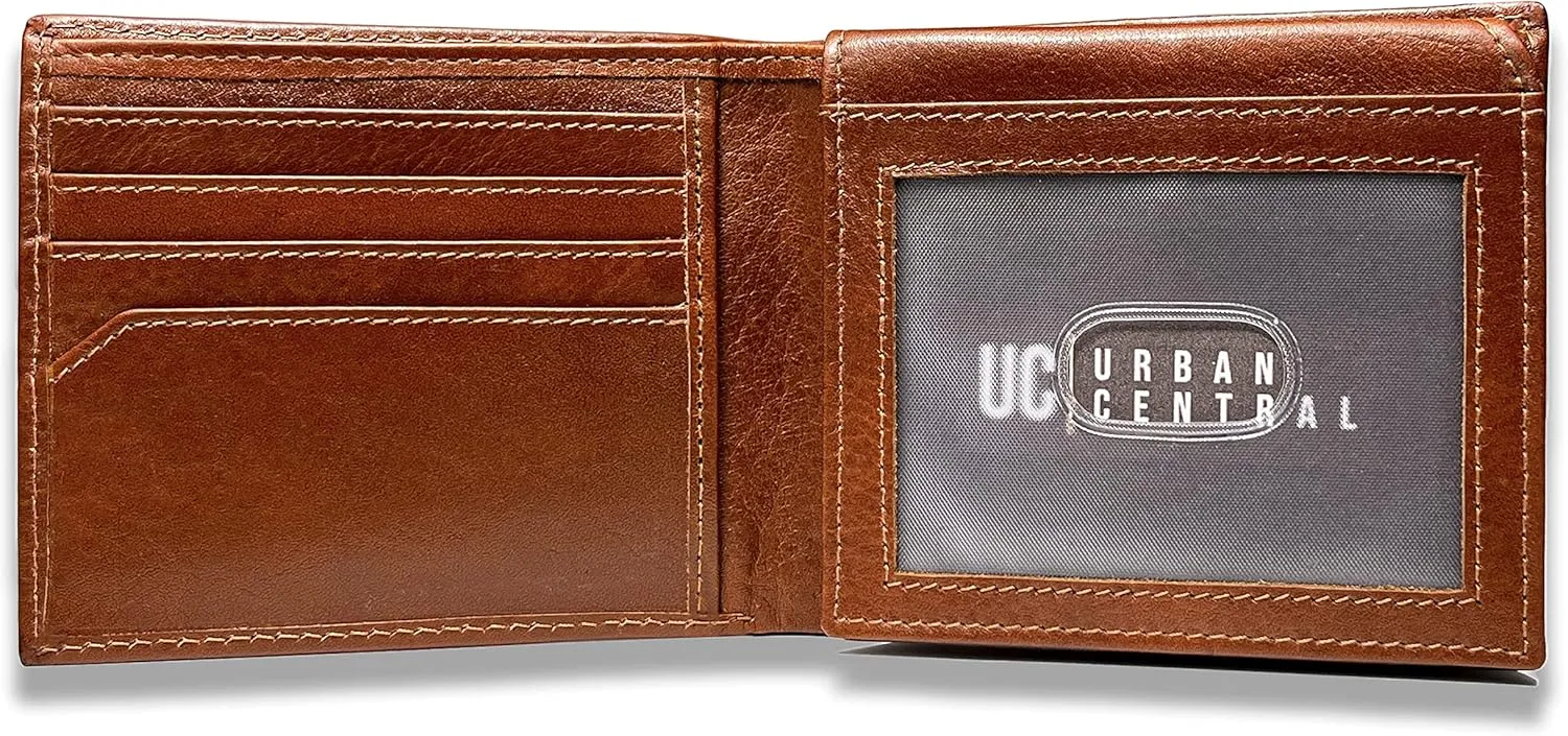 Mens Bifold Leather Wallet, RFID Blocking, Attached Flip Up ID with 2 Window, Large Extra Capacity, Top Grain Leather (Deep Rust)