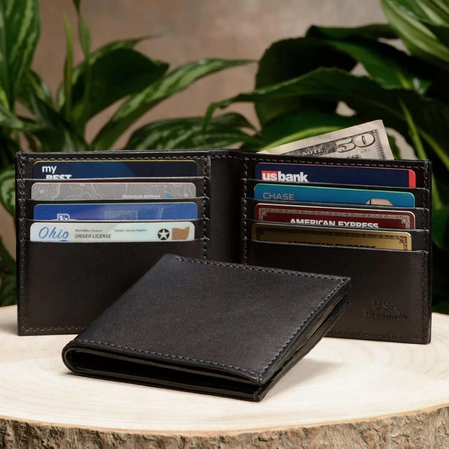 Mens Bifold Wallet Case, 8 Credit Card Holder Slots, Full Grain Bridle Genuine Leather, Made in USA, Black