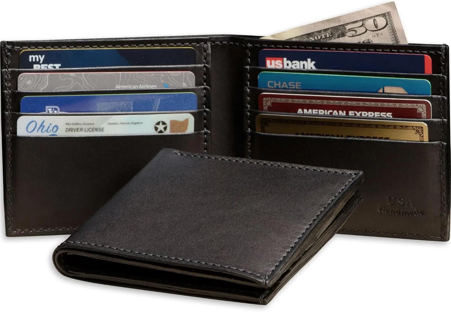 Mens Bifold Wallet Case, 8 Credit Card Holder Slots, Full Grain Bridle Genuine Leather, Made in USA, Black
