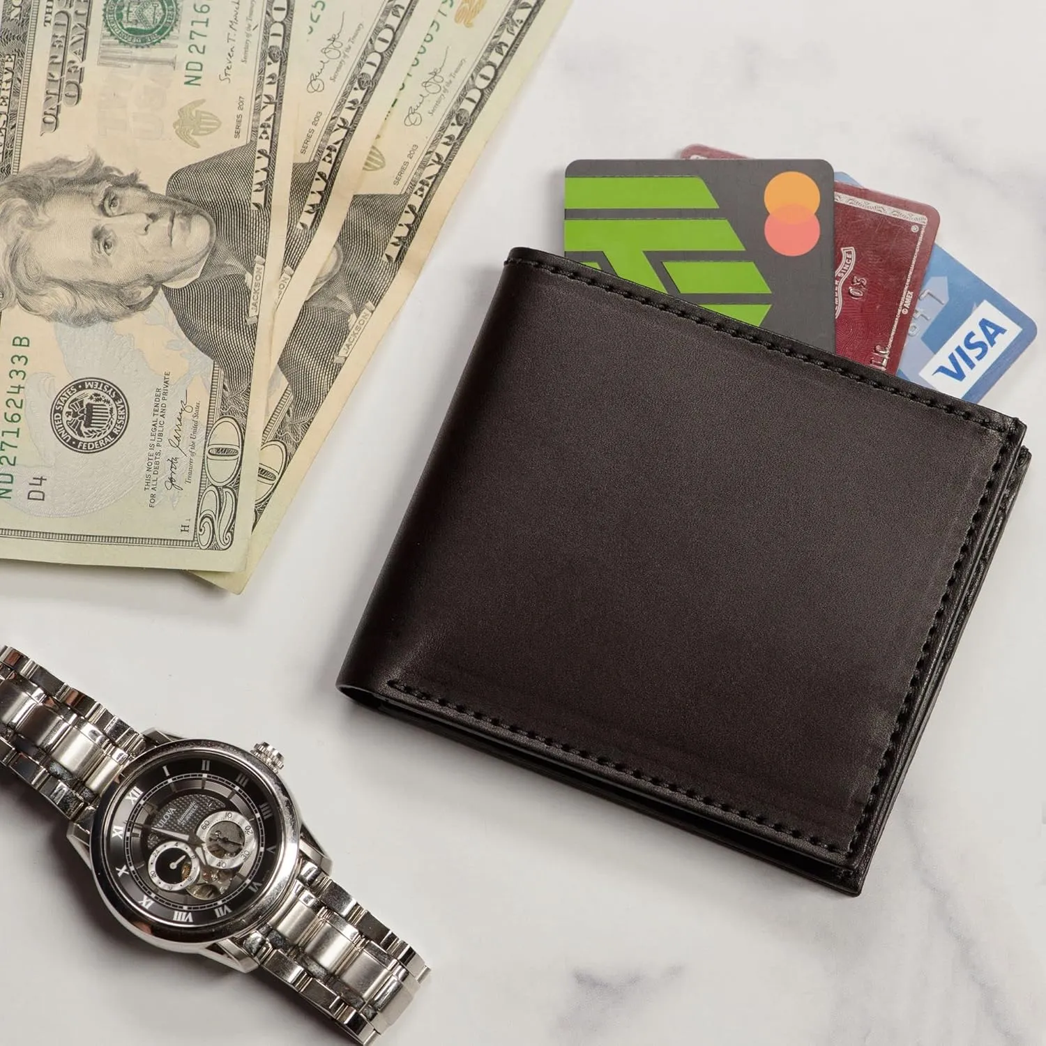 Mens Bifold Wallet Case, 8 Credit Card Holder Slots, Full Grain Bridle Genuine Leather, Made in USA, Black