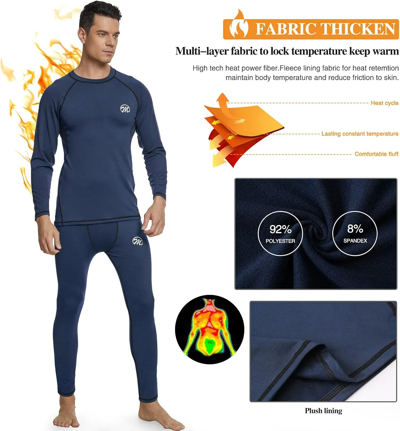 Men's Compression Base Layers Long Johns Winter Gear with Fleece Lined for Skiing