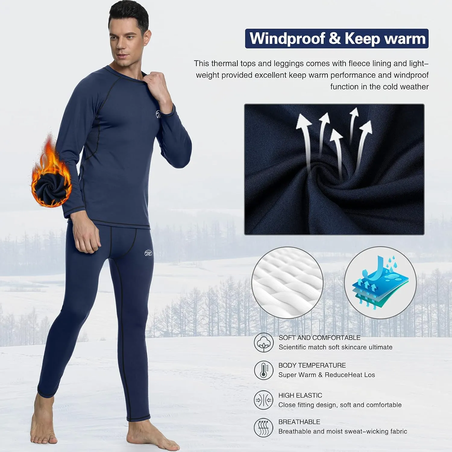 Men's Compression Base Layers Long Johns Winter Gear with Fleece Lined for Skiing