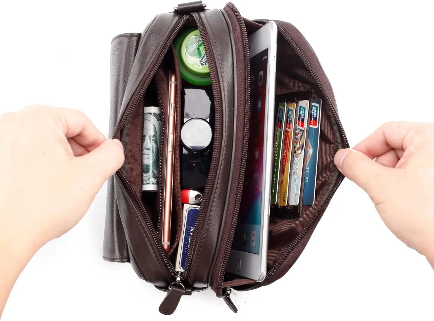 Mens Leather Clutch Organizer Wrist Bag Wallet with Credit Card Protector Slots